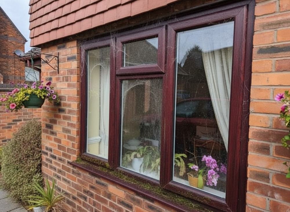 Cottage window caked in grime and cobwebs, before cleaning
